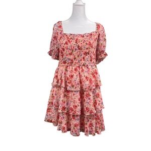 Thirty Thirty‎ LA Womens XL Floral Tiered Mini Dress Pink Smocked Puff Sleeve XL